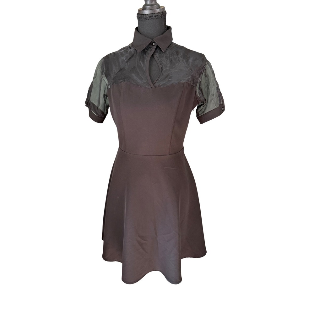 Y2K Alt Girl Black Skater Dress Sheer Mesh Sleeve Collar Dress M Indie Goth